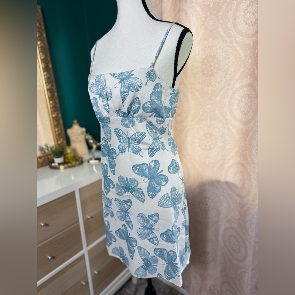 Shekou Butterfly Effect NWT 100% Satin Y2K Inspired Blue White Slip Dress - Picture 2 of 11